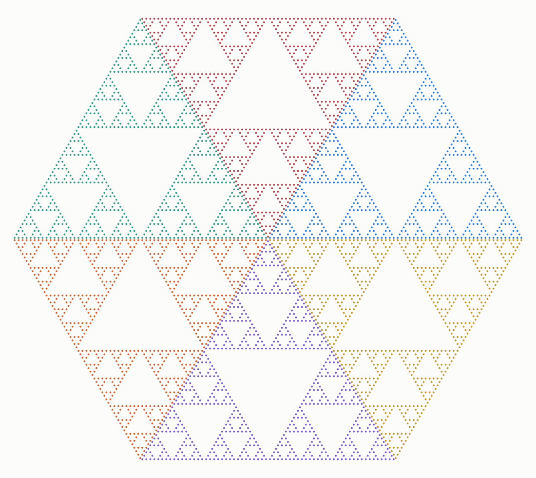 Six Sierpinski gaskets tiling a hexagon